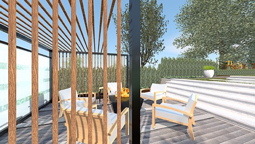 Sunken seating area, pergola & fire table, created in Vectorworks 3D