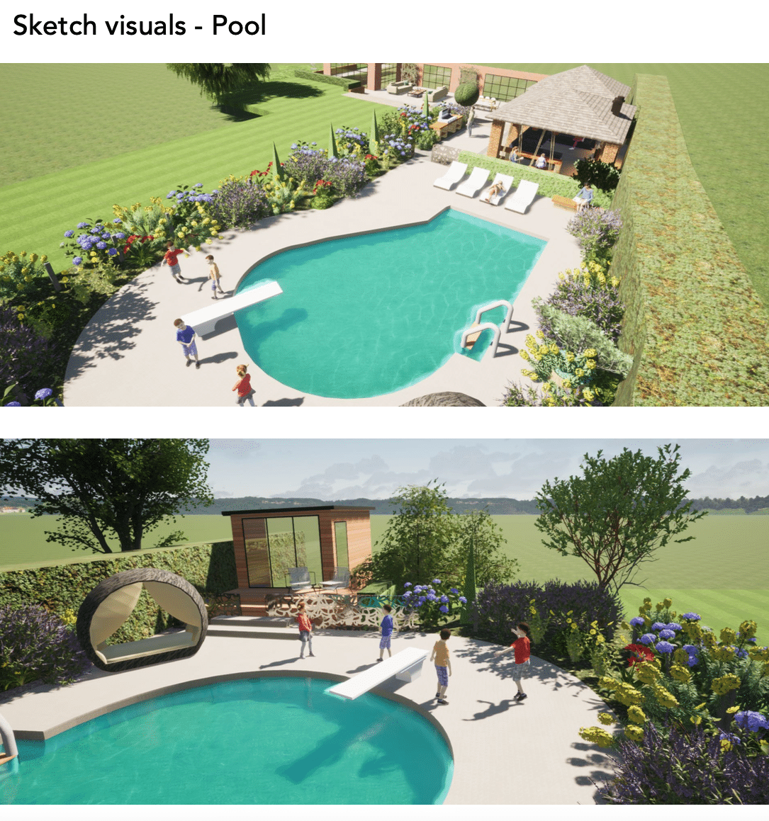 Designing a garden around a swimming pool and garden building installation